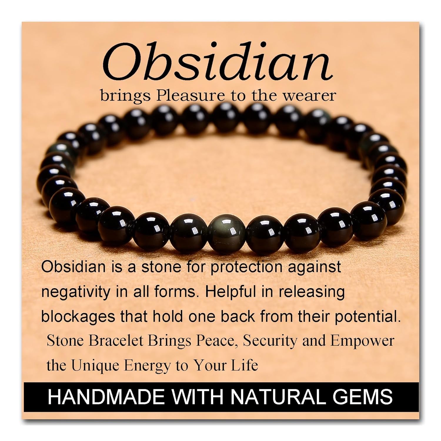 Massive Beads Black Obsidian - Stone of Pleasure - Handmade Yoga Stretch Elastic Bracelet Natural Stone Crystal Healing Power Energy Gifts for Unisex Adult 4Mm