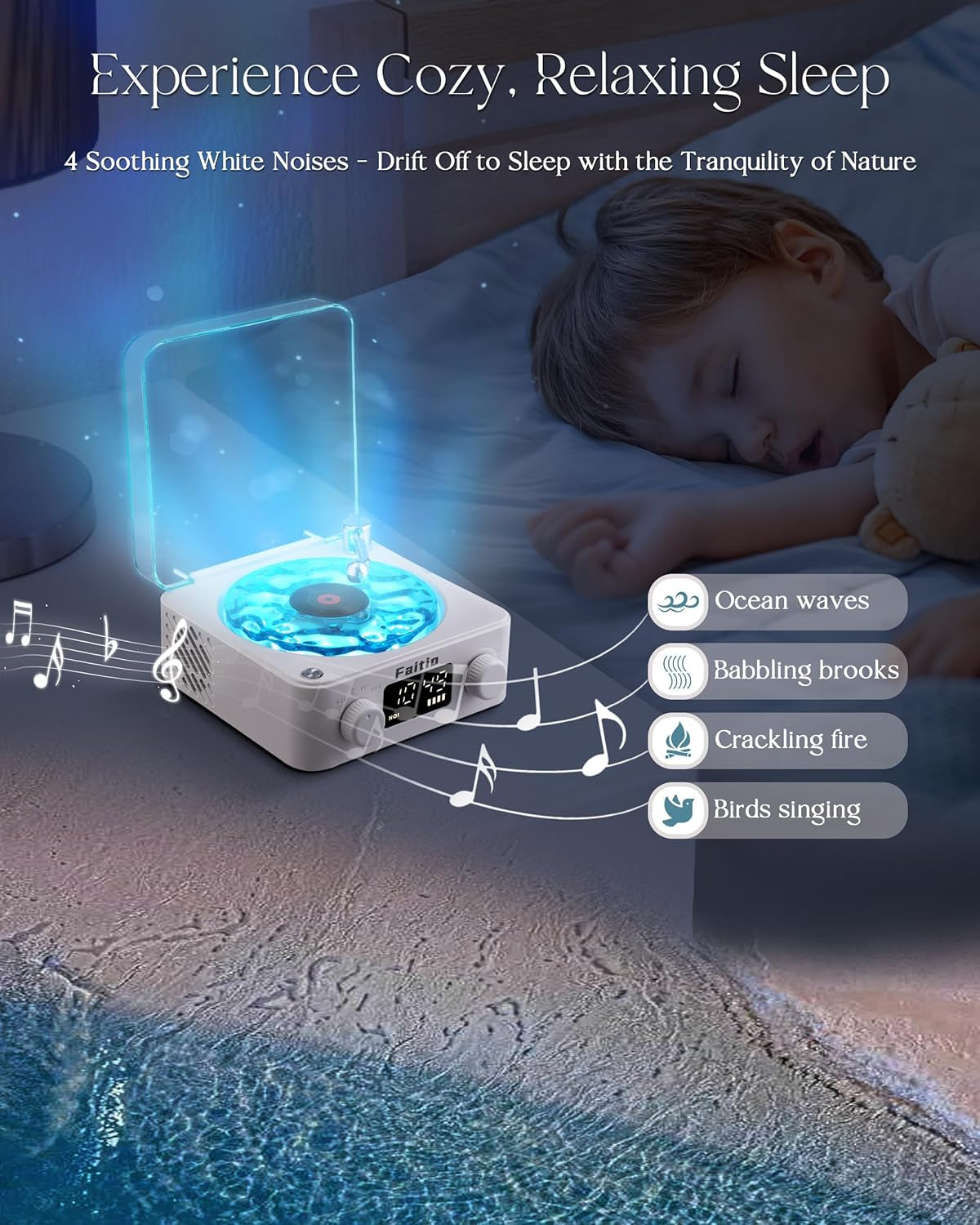 Night Light Bluetooth Speaker for Kids, Cute Kids Bluetooth Speaker with White Noise, Northern Lights Projector for Bedroom, Retro Waves Vinyl Speaker, Night Light Projector Ocean Sound, Blue